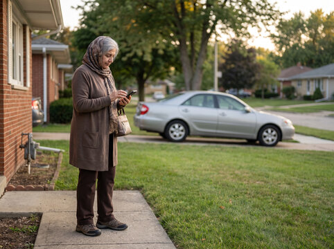 An older woman uses her smartphone to arrange transportation from outside her home.