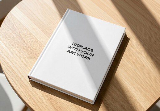 Hardcover book mockup with replace your artwork text displayed on a wooden table in an interior setting natural light, product presentation, graphic design template