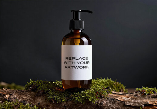 Glass bottle mockup with black pump dispenser and blank label, placed on a moss-covered log in studio setting, realistic packaging presentation for branding graphic design