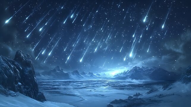Cinematic Geminid meteor shower streaks across snowy mountain landscape under starry night sky with glowing meteors illuminating icy terrain and distant horizon.