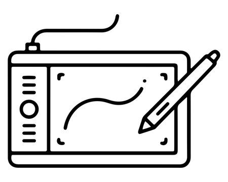 Graphics tablet icon with stylus drawing a line on a white background.