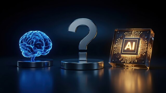 Human brain and AI chip separated by a silver question mark.