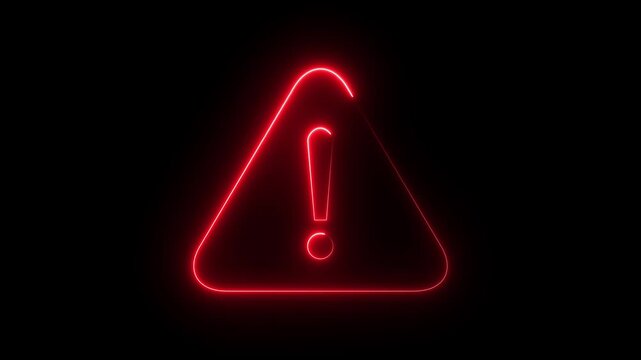 Glowing neon red colour warning icon animation on transparent background