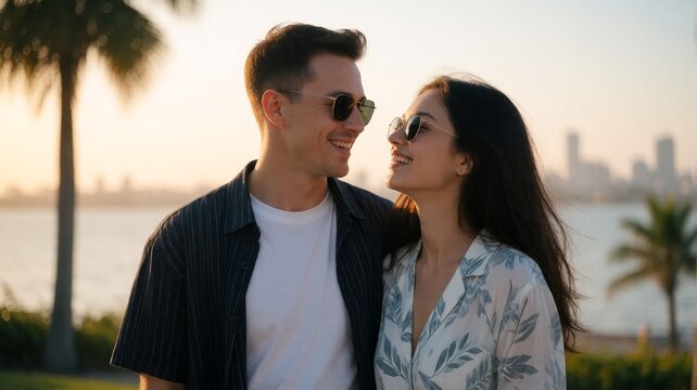 Happy young couple enjoying sunset date by the seaside