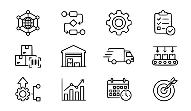 Operations management line icon set with supply chain workflow manufacturing quality control and efficiency