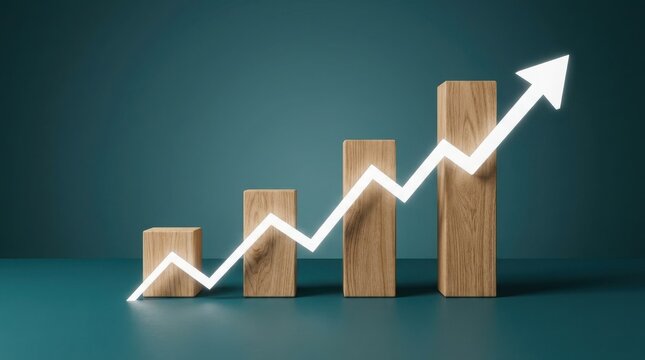 Wooden blocks with glowing arrow showing business growth trend