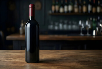 Fototapeta premium Red wine bottle on a rustic wooden bar counter, elegant beverage and fine dining with copy space