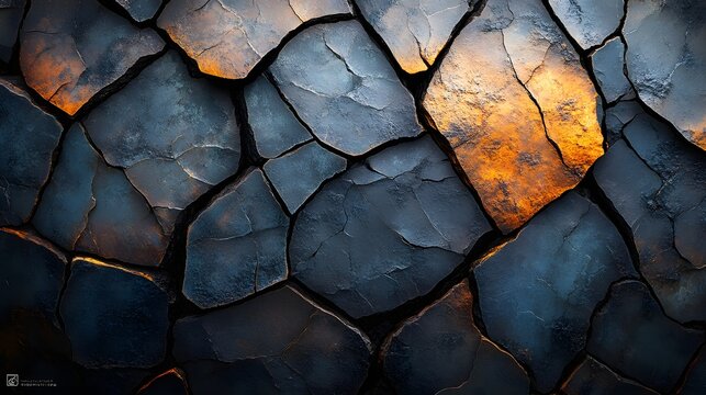 Close-up of meteorite fusion crust with dramatic lighting highlighting its rugged texture and fiery orange accents against dark metallic surfaces, ideal for geology or space exploration themes.