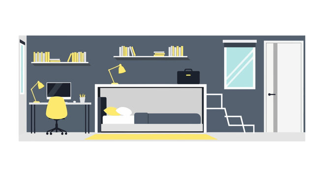 Modern minimalist studio interior flat vector with loft bed and workspace.