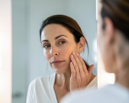 a woman examines her skin in a mirror