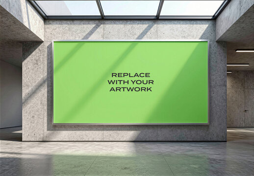 Large vertical poster mockup displayed on a concrete wall in modern interior space with natural light from skylight, realistic graphic design presentation for branding, advertising or art display