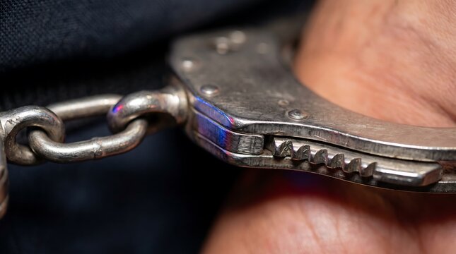 Close up of metal handcuffs on wrists, criminal arrest and law enforcement concept.