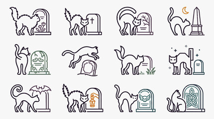 Fototapeta premium Set of twelve vector line art icons depicting black cats in various poses next to tombstones and cemetery gravestones, including arched backs, jumping, and sitting silhouettes.