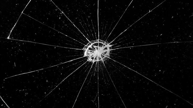 Cracked glass fracture effect on black background, Glass breaking into pieces. Realistic Glass impact crack, Broken cracks glass fracture effect texture isolated abstract black background. 