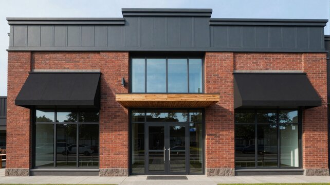 Modern Brick Commercial Building Exterior with Black Awnings
