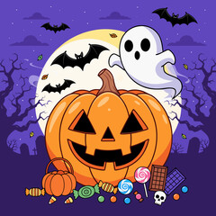 Fototapeta premium Halloween jack-o-lantern with ghost and flying bats in spooky night scene vector illustration