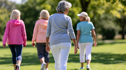 Obraz premium Diverse senior women walking together through a sunny park, casual activewear, friendship and social connection, active aging, healthy retirement, senior wellness, social