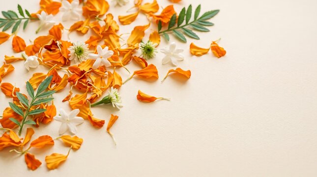 Orange marigold flower petals and green leaves scattered on a light beige background