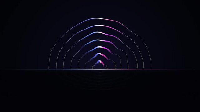 Glowing neon wave lines pulsing in concentric arches over a dark reflective surface