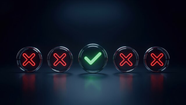 Glowing neon green checkmark icon among red cross marks on dark background