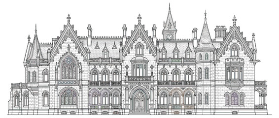 Obraz premium Gothic Architecture Building Facade Outline Isolated