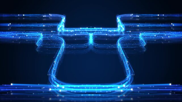 Abstract network of flowing optical lines and particles visualizes broadband , data processing, network capacity, secure digital infrastructure, quantum technology and high speed connectivity.