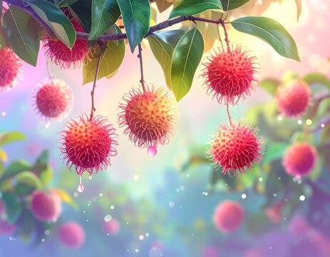 Ripe rambutan fruit hanging from tree branches.