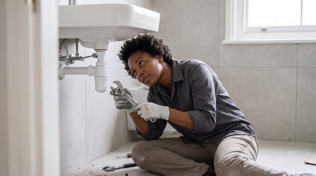 A woman plumber working under a sink with a wrench, focused on her task.