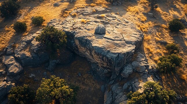 Aerial view of a large meteorite resting on rugged desert terrain with sparse vegetation under golden sunlight highlighting geological textures and remote exploration setting.