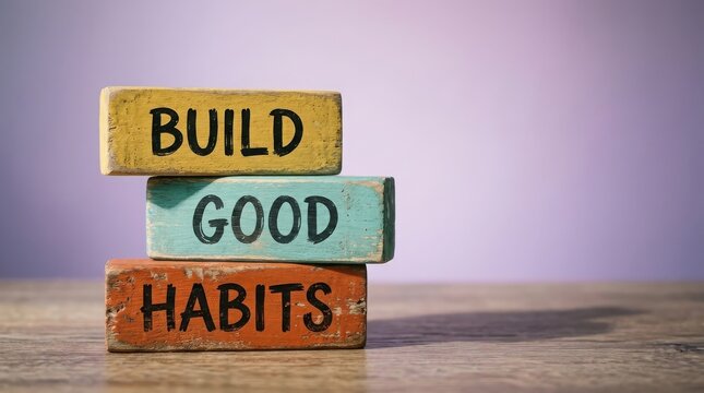 Stacked colorful wooden blocks with build good habits text