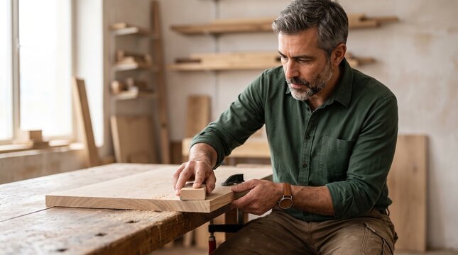 A craftsman meticulously sanding a wooden surface in his workshop.