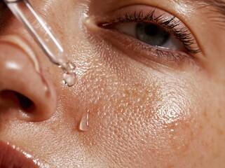 Fototapeta premium a woman's cheek with enlarged pores and a single transparent droplet of facial serum 