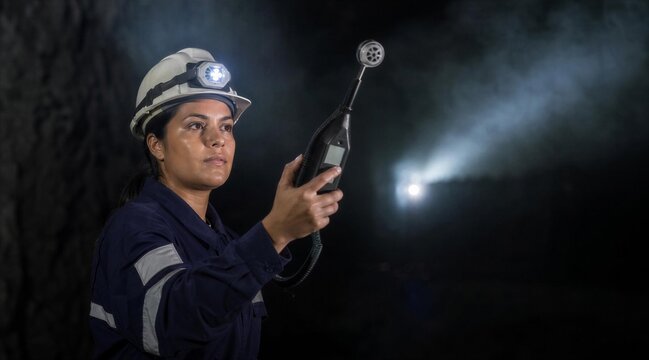 Female Mine Worker Using Gas Detector in Underground Tunnel