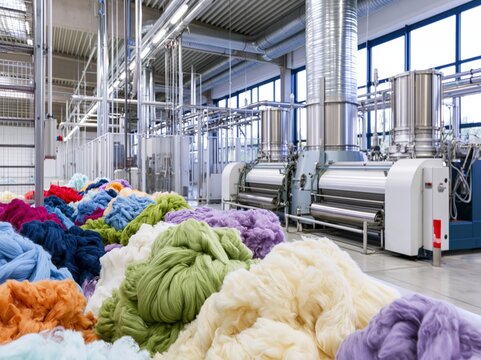 Colorful piles of yarn and fabric inside a modern textile factory with large stainless-steel machines for dyeing and finishing.
