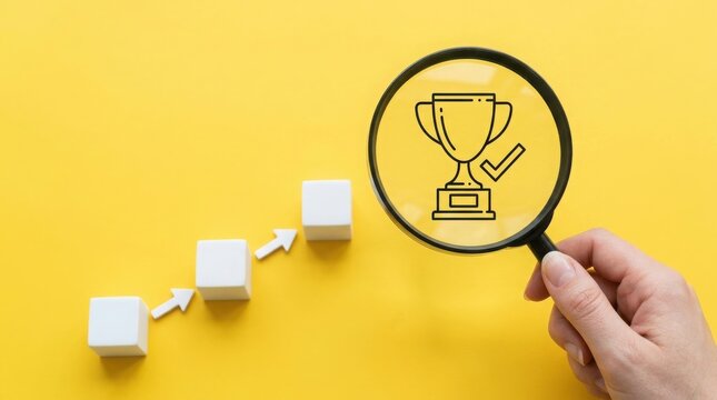 Magnifying glass over trophy icon with wooden blocks
