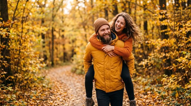 Happy young couple having fun and piggybacking on a walk in a beautiful golden autumn forest