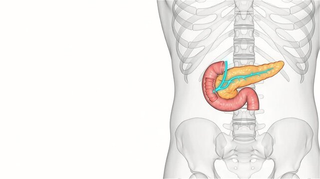 3D Medical Animation of Human Pancreas and Duodenum on White Background Copy Space