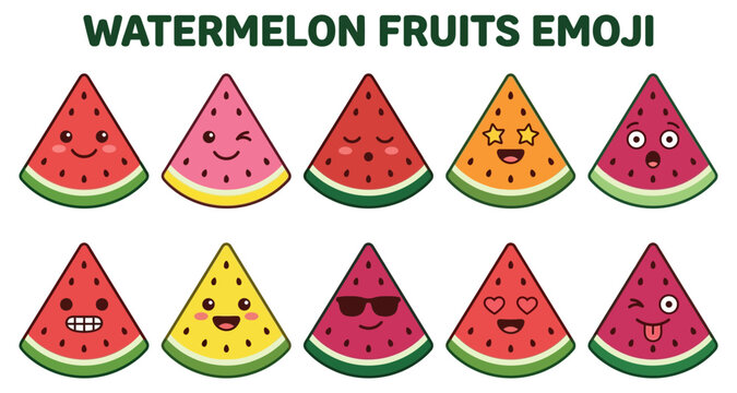 Watermelon fruits emoji set with various expressions and poses featuring cartoon