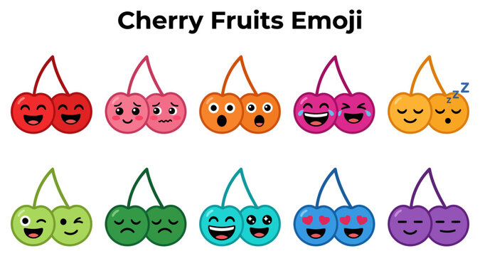 Cherry fruits emoji set with various expressions and emotions featuring fruit