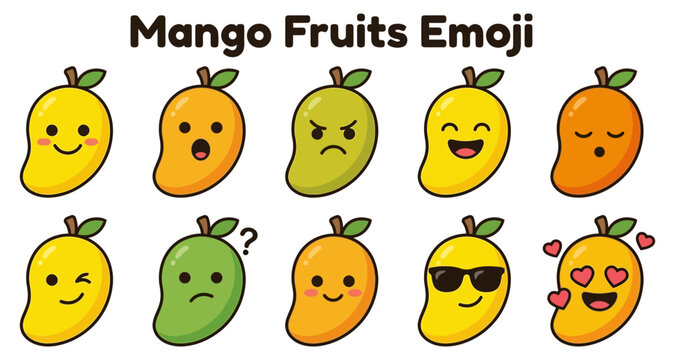 Mango fruits emoji set with various expressions and cute cartoon style