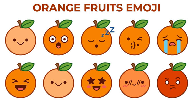 Orange fruits emoji set with various expressions and emotions featuring fruit, icon