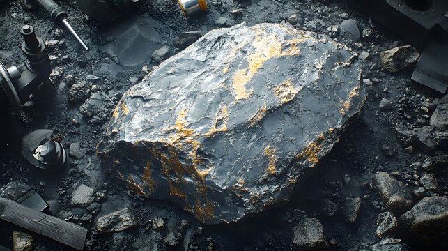 Close-up of a polished meteorite revealing metallic sheen and intricate mineral patterns surrounded by geological tools on rocky surface for scientific or educational use.
