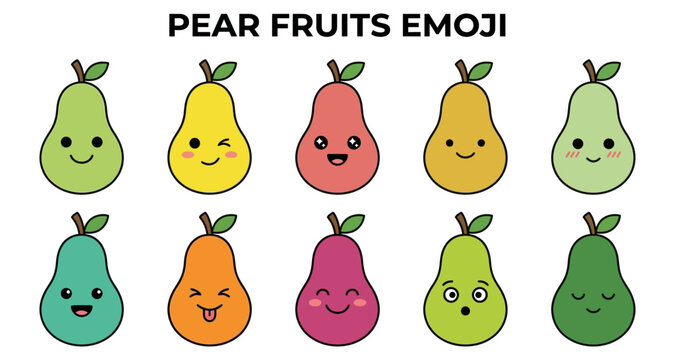 Pear fruits emoji set with various expressions and colors featuring expression, cute