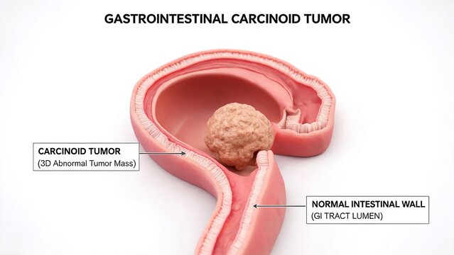 Gastrointestinal carcinoid tumor cross‑section medical visualization, abnormal tumor mass and normal intestinal wall