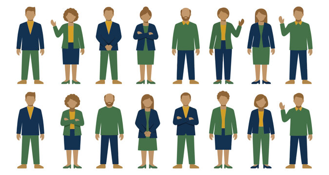 People icons set with diverse figures in business attire, standing and gesturing