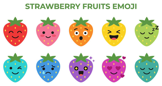 Strawberry fruits emoji set with various expressions and playful designs