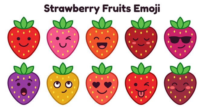 Strawberries fruits emoji set with various expressions and playful designs