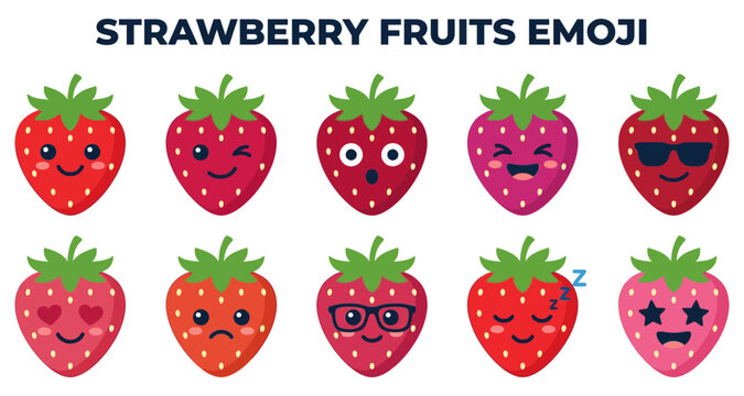 Strawberry fruits emoji set with various expressions and playful designs