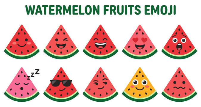 Watermelon fruits emoji set with various expressions and poses featuring cartoon