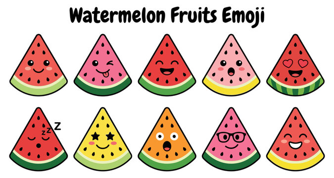 Watermelon fruits emoji set with various expressions and designs featuring cartoon
